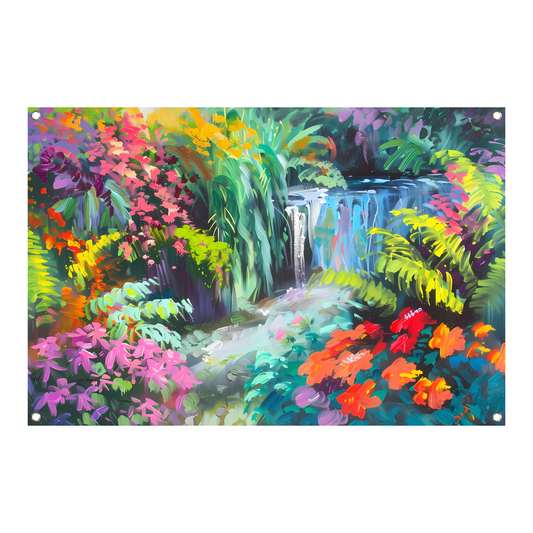 Impressionistische waterval met kleurrijke bloemenpracht tuinposter
