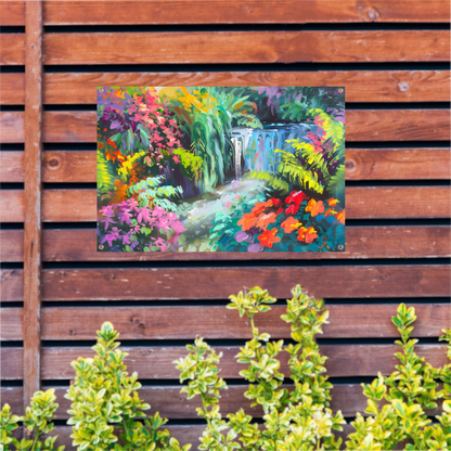 Impressionistische waterval met kleurrijke bloemenpracht tuinposter