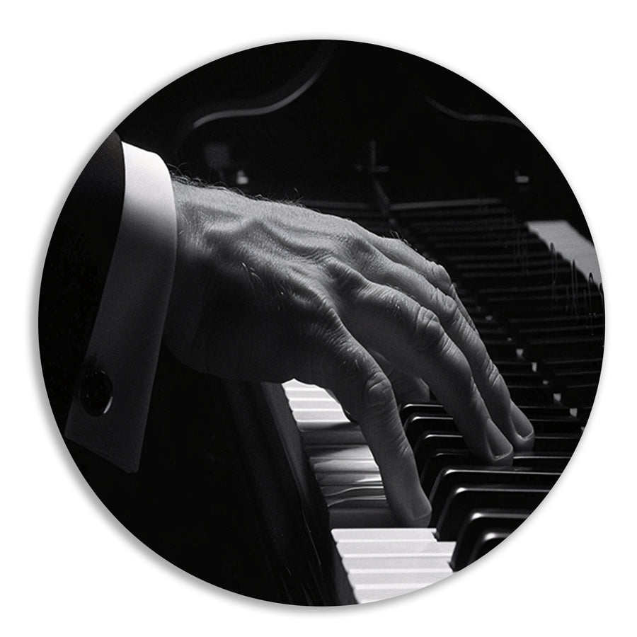 Hand speelt piano in zwart-wit foto forex muurcirkel