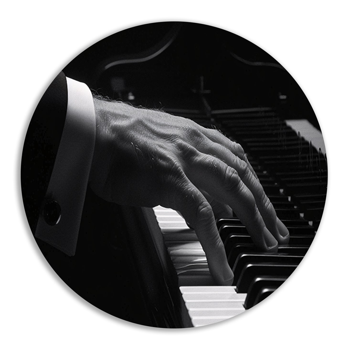 Hand speelt piano in zwart-wit foto aluminium muurcirkel