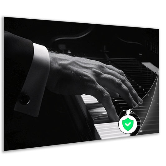 Hand speelt piano in zwart-wit foto poster