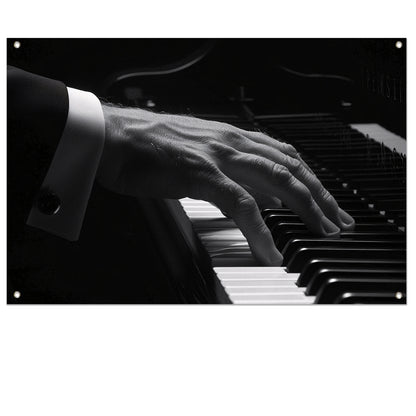 Hand speelt piano in zwart-wit foto tuinposter