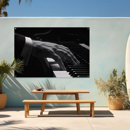 Hand speelt piano in zwart-wit foto tuinposter