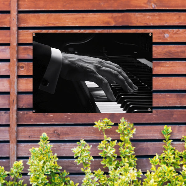 Hand speelt piano in zwart-wit foto tuinposter