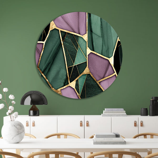 Abstracte kunst met gouden en groene accenten aluminium muurcirkel