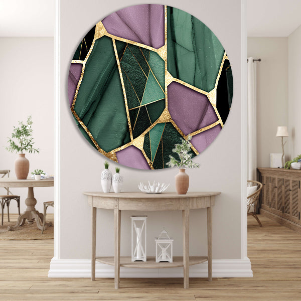 Abstracte kunst met gouden en groene accenten aluminium muurcirkel