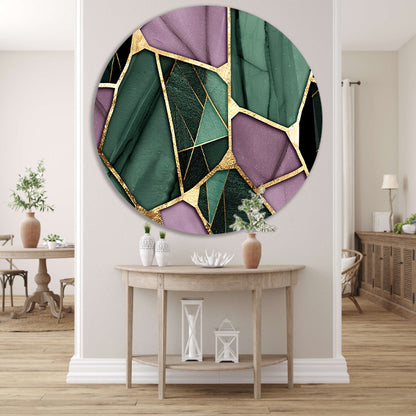 Abstracte kunst met gouden en groene accenten aluminium muurcirkel