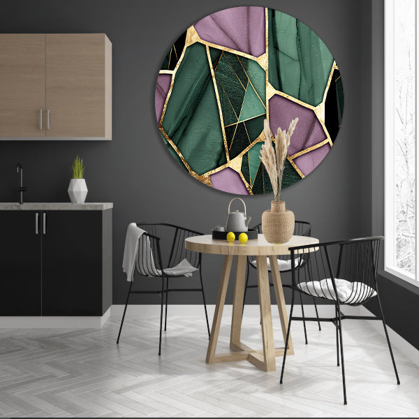 Abstracte kunst met gouden en groene accenten aluminium muurcirkel