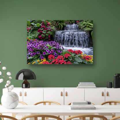 Kleurrijke bloementuin met serene waterval canvas met baklijst