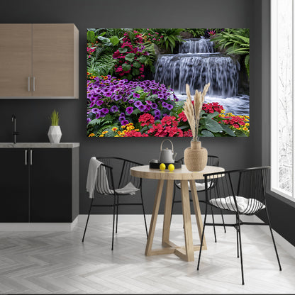 Kleurrijke bloementuin met serene waterval canvas