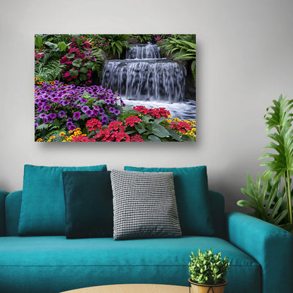 Kleurrijke bloementuin met serene waterval canvas