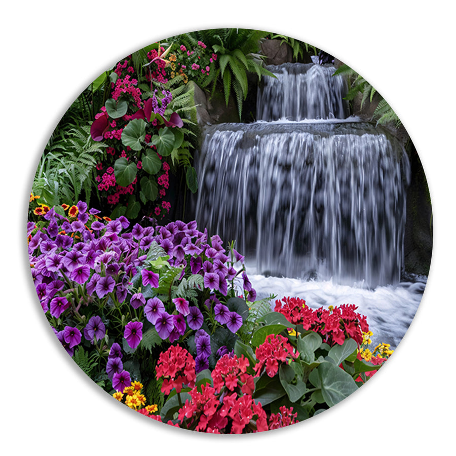 Kleurrijke bloementuin met serene waterval forex muurcirkel