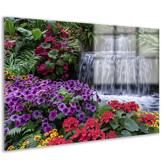 Kleurrijke bloementuin met serene waterval acrylglas