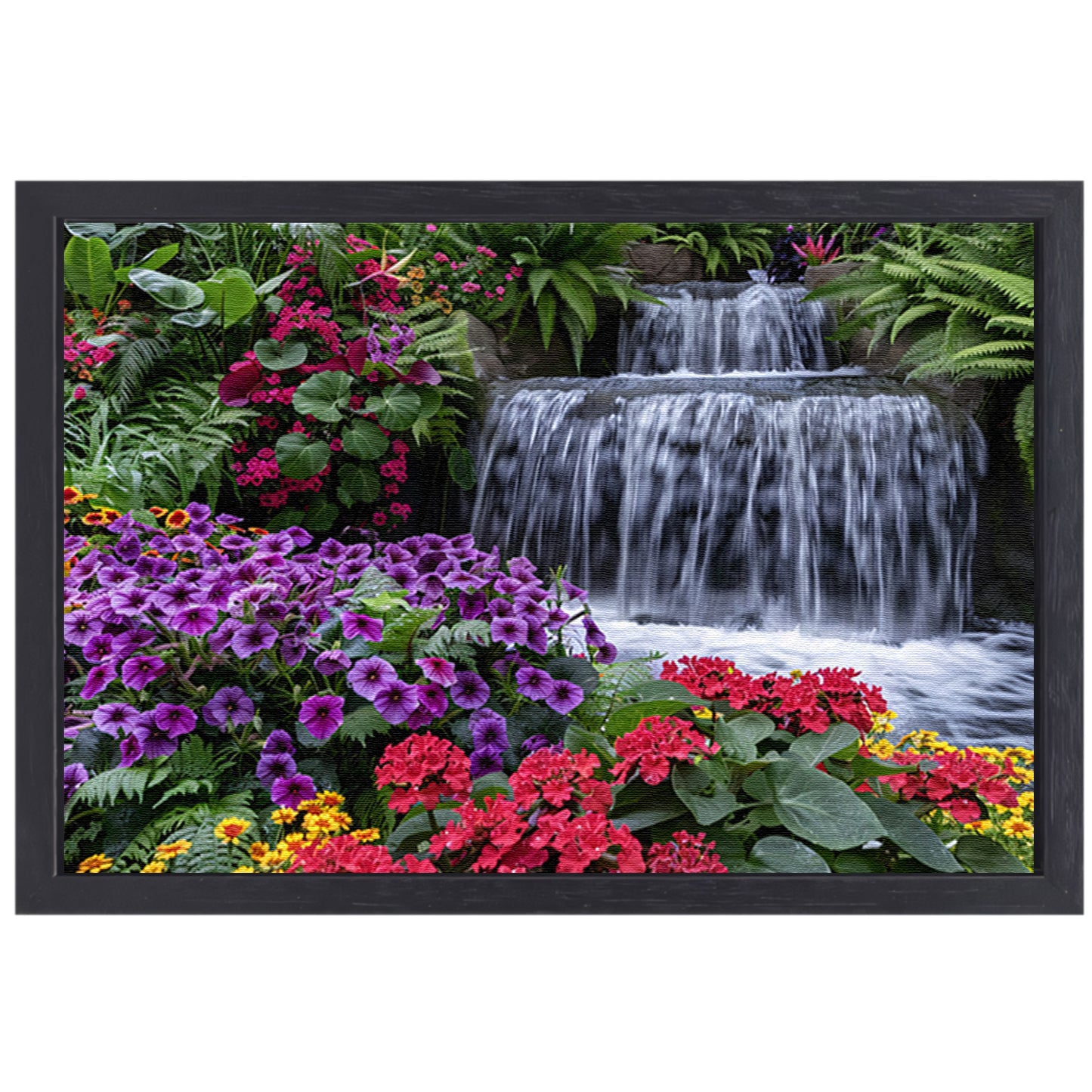 Kleurrijke bloementuin met serene waterval canvas met baklijst