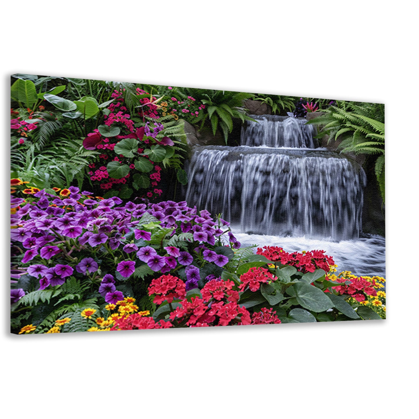 Kleurrijke bloementuin met serene waterval canvas