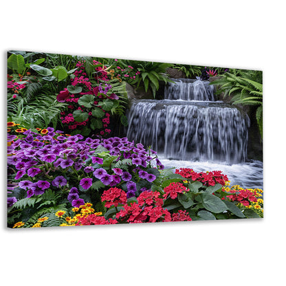 Kleurrijke bloementuin met serene waterval canvas