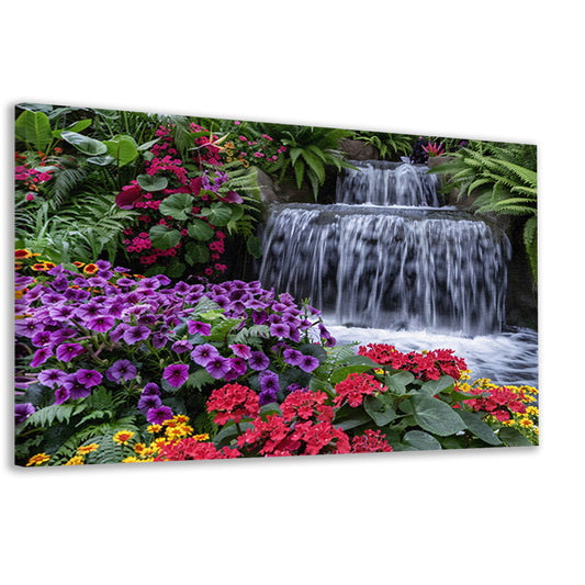 Kleurrijke bloementuin met serene waterval canvas