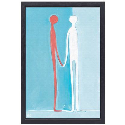 Abstracte figuren met blauwe achtergrond canvas met baklijst