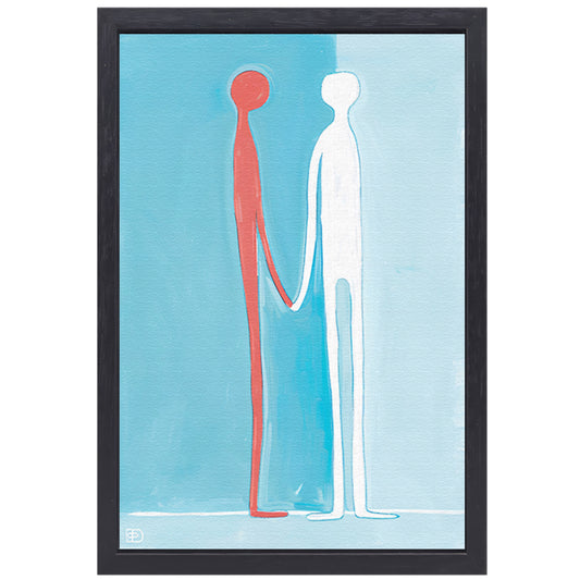 Abstracte figuren met blauwe achtergrond canvas met baklijst