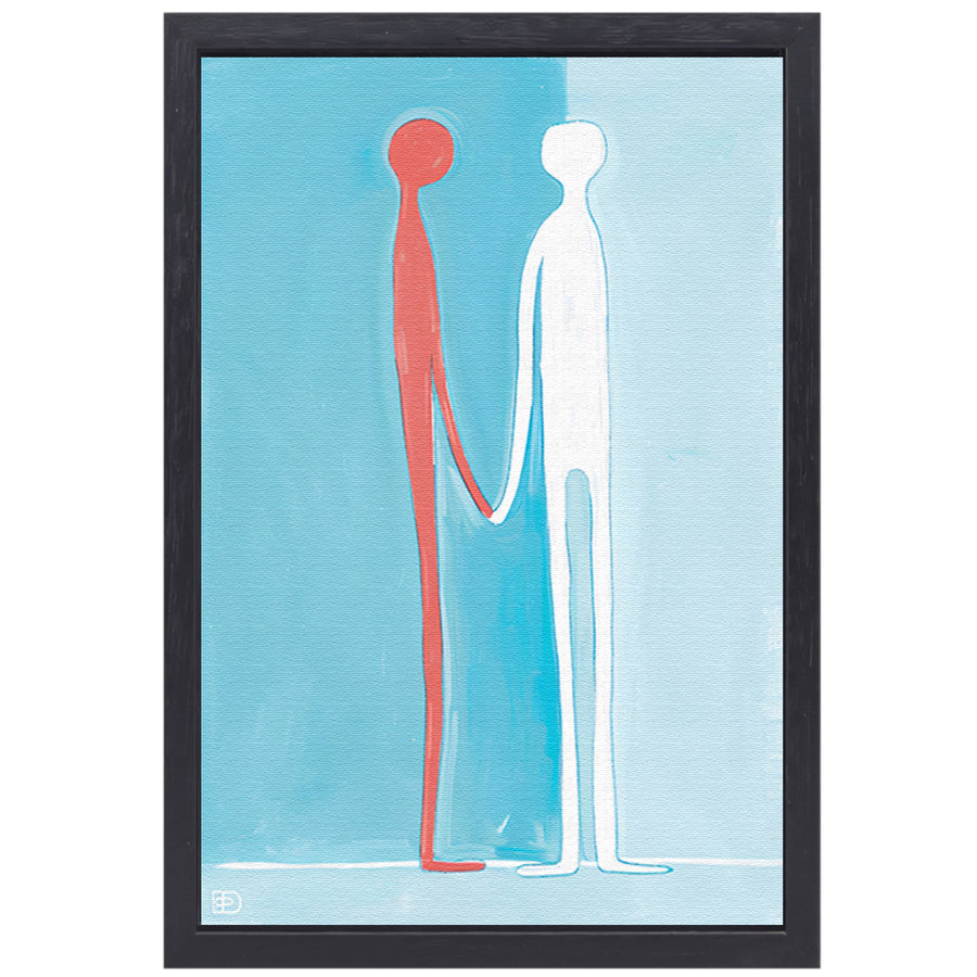 Abstracte figuren met blauwe achtergrond canvas met baklijst