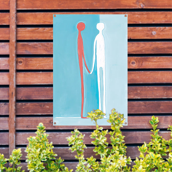 Abstracte figuren met blauwe achtergrond tuinposter