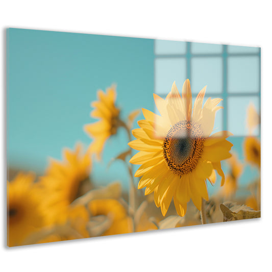 Veld vol zonnebloemen onder helderblauwe hemel acrylglas