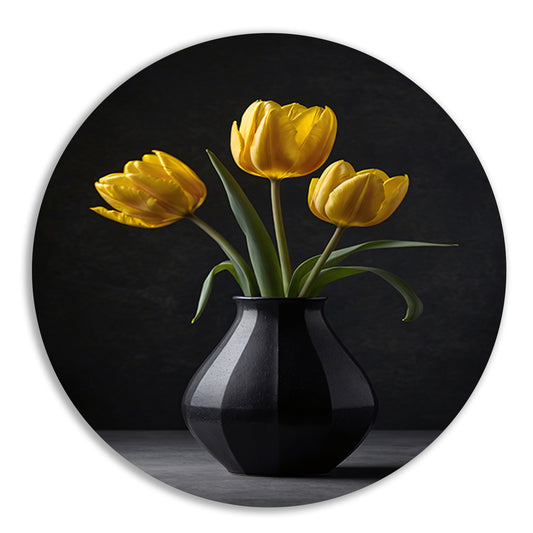 Gele tulpen in een elegante zwarte vaas aluminium muurcirkel