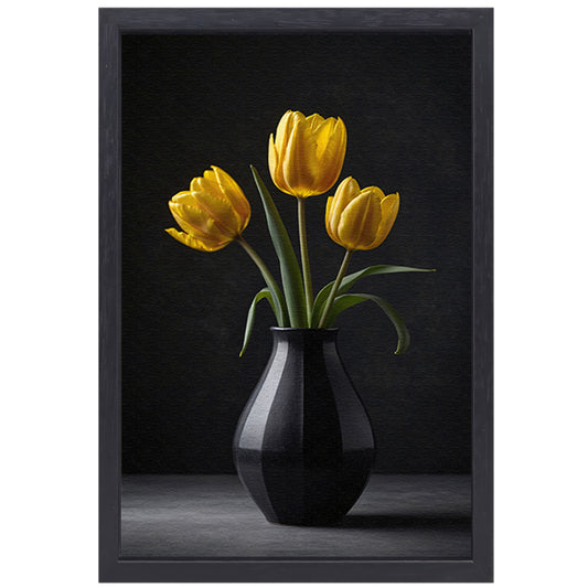 Gele tulpen in een elegante zwarte vaas canvas met baklijst