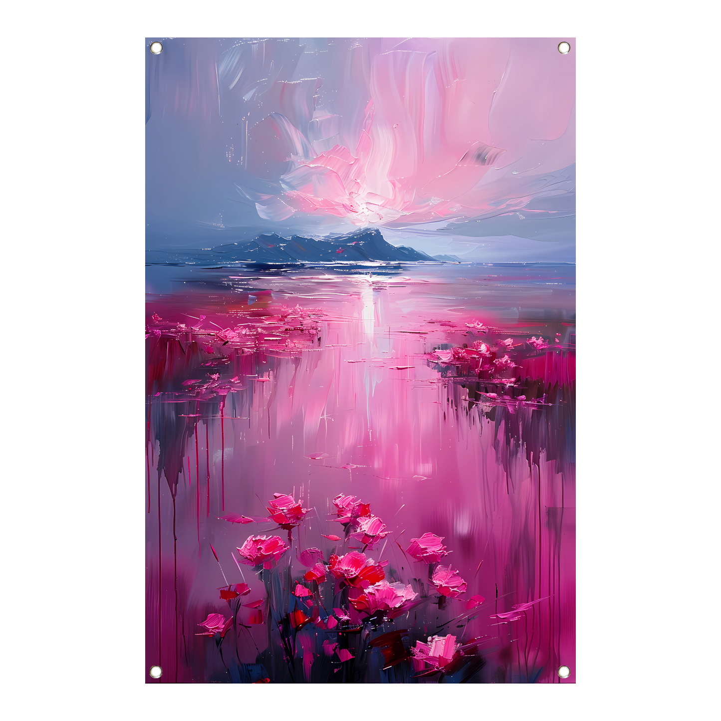Roze zonsondergang en bloemen aan de waterkant tuinposter