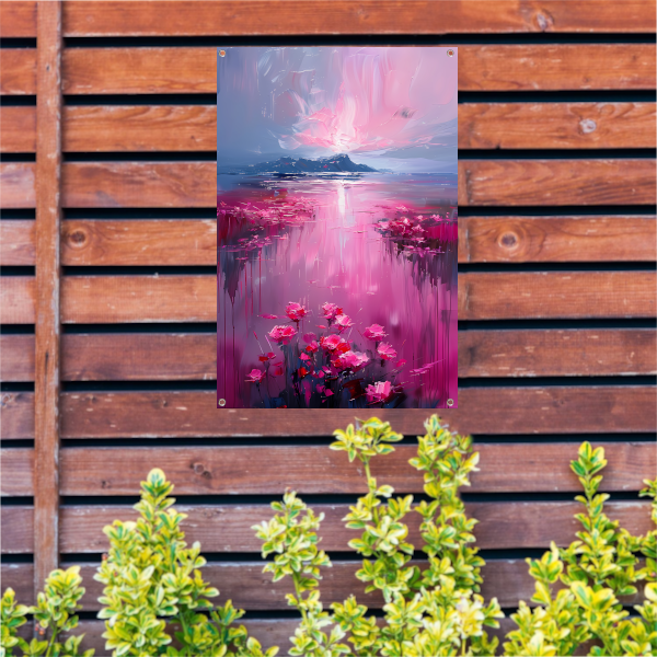 Roze zonsondergang en bloemen aan de waterkant tuinposter