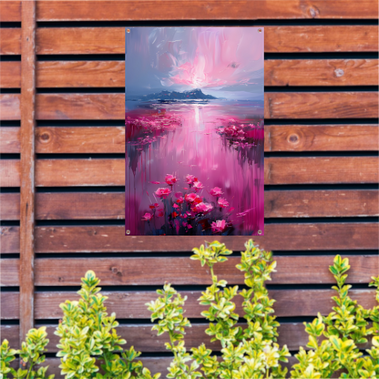 Roze zonsondergang en bloemen aan de waterkant tuinposter
