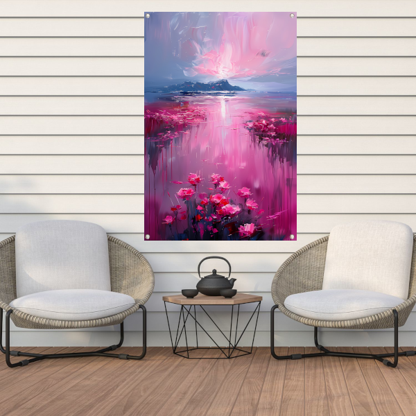 Roze zonsondergang en bloemen aan de waterkant tuinposter