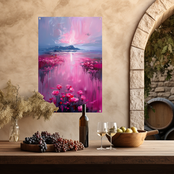 Roze zonsondergang en bloemen aan de waterkant tuinposter