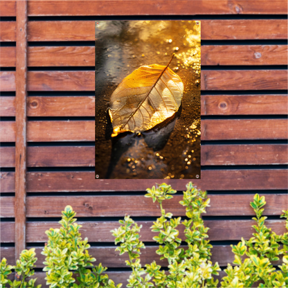 Herfstblad in gouden licht op natte ondergrond tuinposter