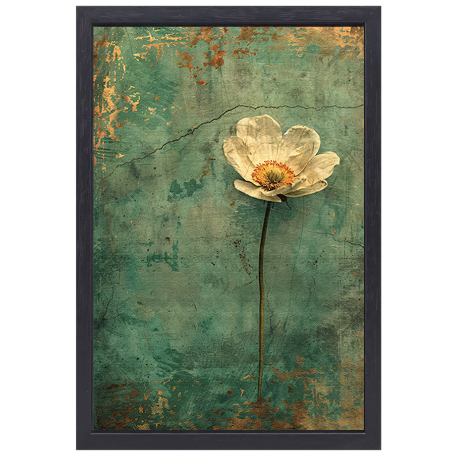 Delicate witte bloem op verweerde achtergrond canvas met baklijst