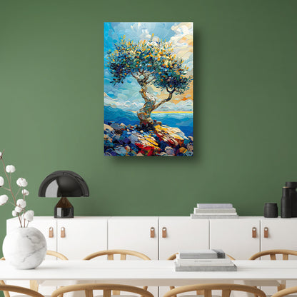 Kleurrijk Olijfboom aan Zee canvas met baklijst