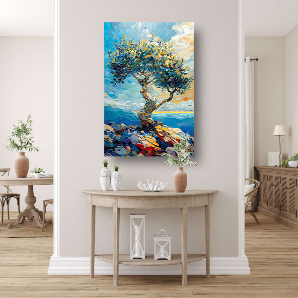 Kleurrijk Olijfboom aan Zee canvas met baklijst