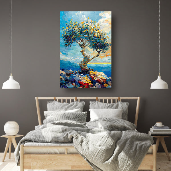 Kleurrijk Olijfboom aan Zee canvas met baklijst