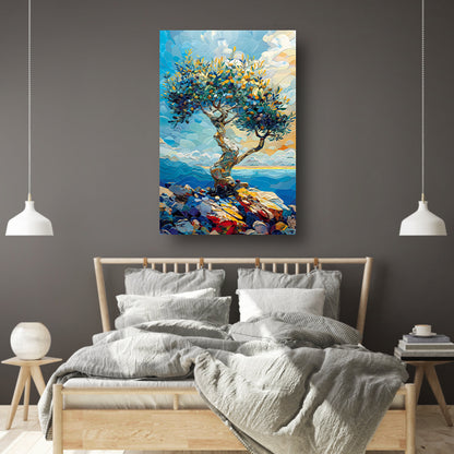 Kleurrijk Olijfboom aan Zee canvas met baklijst