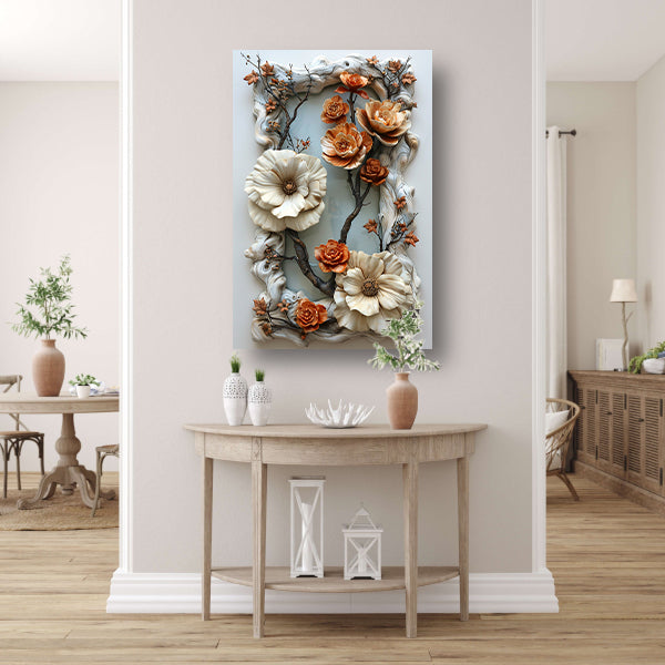 Handgemaakt bloemenreliëf in natuurlijke kleuren canvas met baklijst