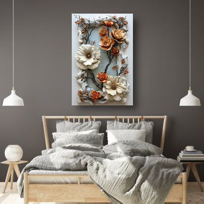 Handgemaakt bloemenreliëf in natuurlijke kleuren canvas met baklijst