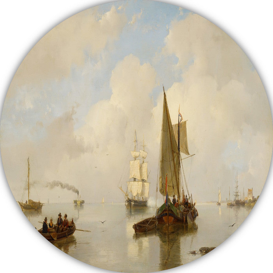 De Zeeuwsche stroomen bij stil weder, in t verschiet eene stoomboot - Andreas Schelfhout aluminium muurcirkel