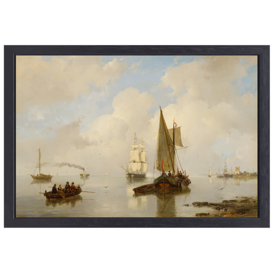De Zeeuwsche stroomen bij stil weder, in t verschiet eene stoomboot - Andreas Schelfhout canvas met baklijst