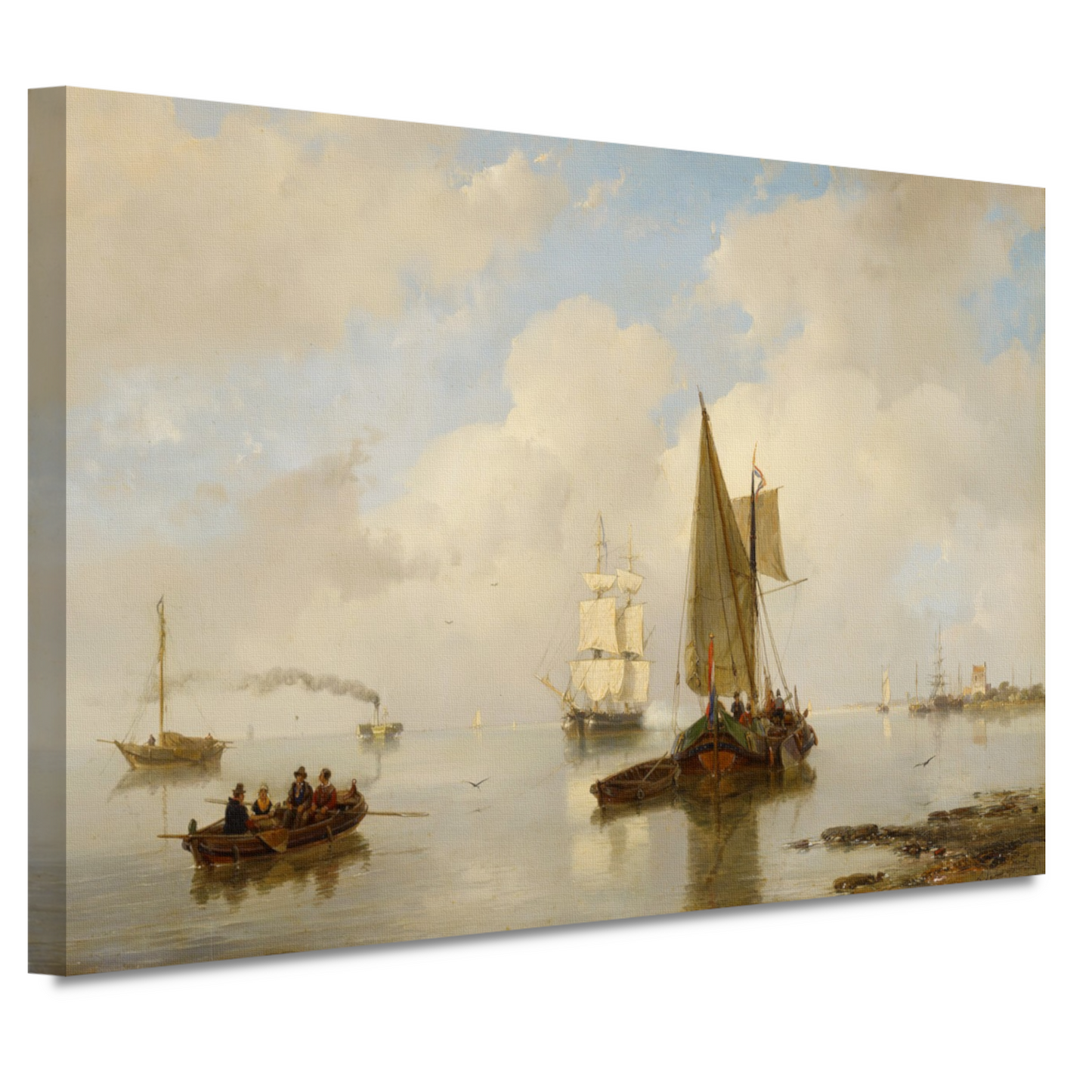 De Zeeuwsche stroomen bij stil weder, in t verschiet eene stoomboot - Andreas Schelfhout canvas
