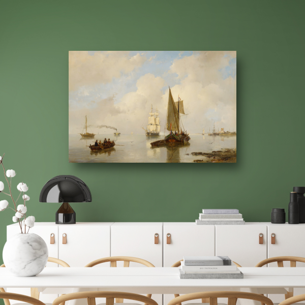 De Zeeuwsche stroomen bij stil weder, in t verschiet eene stoomboot - Andreas Schelfhout canvas