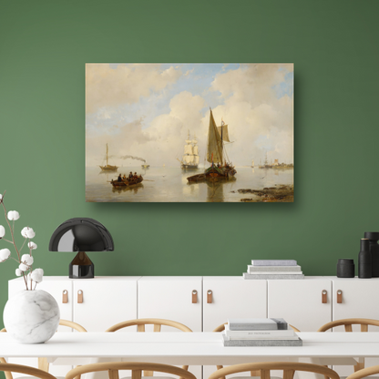 De Zeeuwsche stroomen bij stil weder, in t verschiet eene stoomboot - Andreas Schelfhout canvas