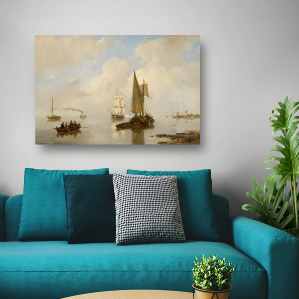 De Zeeuwsche stroomen bij stil weder, in t verschiet eene stoomboot - Andreas Schelfhout canvas