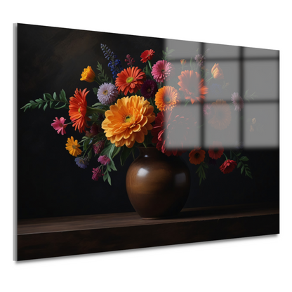 Bruine vaas met levendige bloemenschat acrylglas