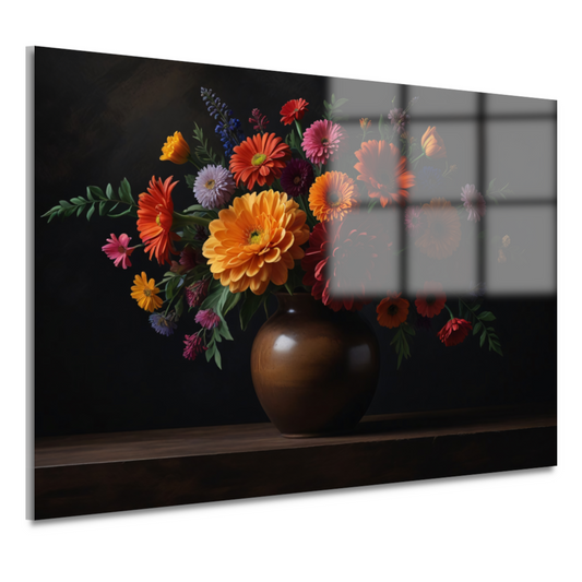 Bruine vaas met levendige bloemenschat acrylglas