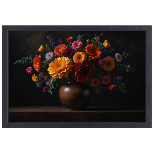 Bruine vaas met levendige bloemenschat canvas met baklijst